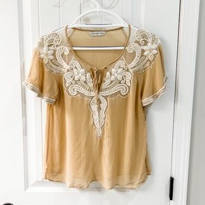 Forever New Sheer Beige Beaded Cap Sleeve Top Size Small
